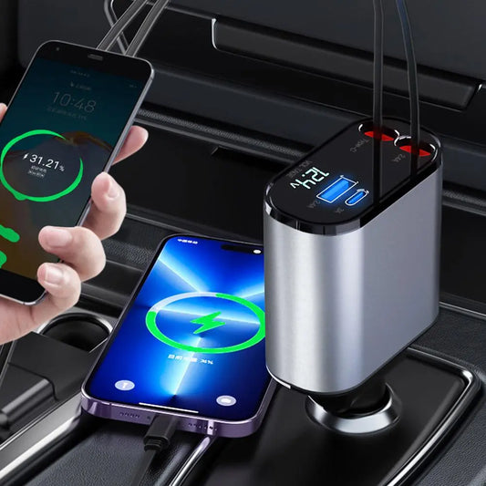 CoolGadget Pro: 4-in-1 Car Charger with Retractable USB-C