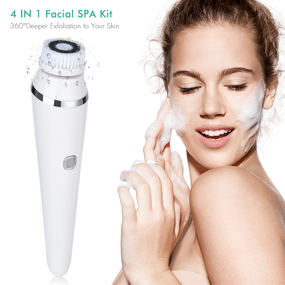 4-in-1 Facial Brush Spa Kit with 4 Heads: Tighten, Exfoliate, Cleanse